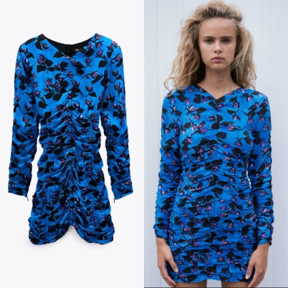 NEW Zara Blue Floral Ruched Draped Mini Dress